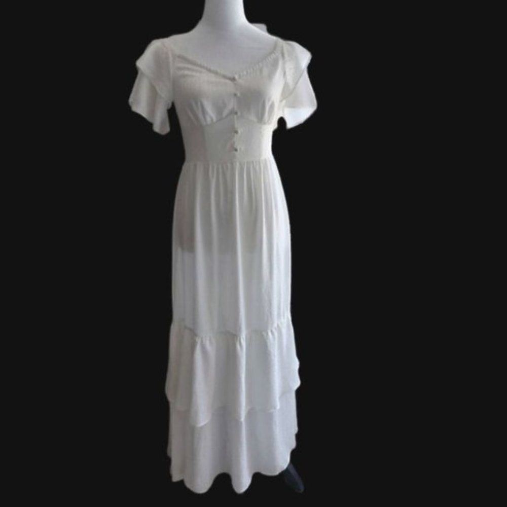 Honey Punch White Chevron patterned Tiered Ruffle Off-shoulder Maxi Dress NWT
